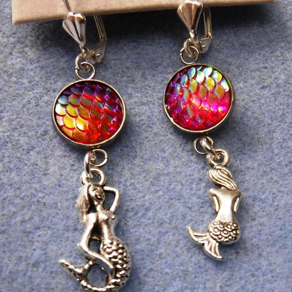 Mermaid Earrings, Silver Plated, Purple Resin Button, Leverback